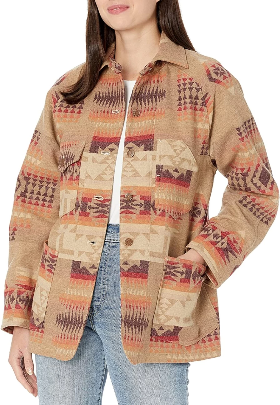 J. W. Hulme Co Women's Tan Jacquard Wool Work Jacket - Pendleton Vintage Style