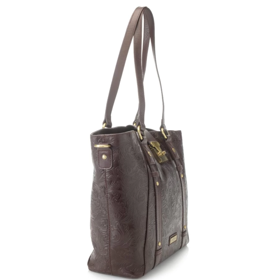 J.W. Hulme Co. Brown Leather Tote Bag with Tooled Design & Lock Closure