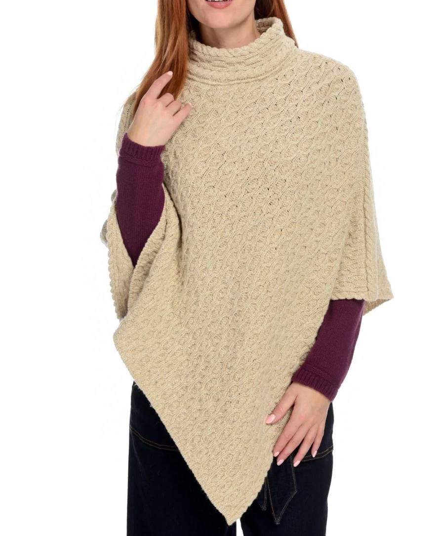 J. W. Hulme Co Women's Newport High Neck Cable Knit Poncho - Irelandseye Wool Wrap Cape